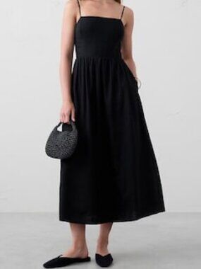 Linen-Blend Seamed-Bodice Midi Dress